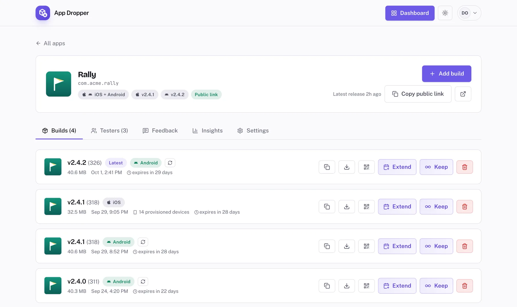 Rally project in the App Dropper dashboard with four builds: 2.4.2 (326) Android marked Latest, 2.4.1 (318) iOS with 14 provisioned devices, 2.4.1 (318) Android and 2.4.0 (311) Android