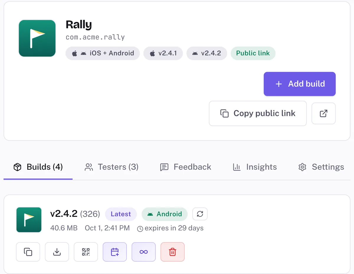 App Dropper dashboard for Rally, com.acme.rally, showing version 2.4.2 build 326 marked Latest, with Copy public link