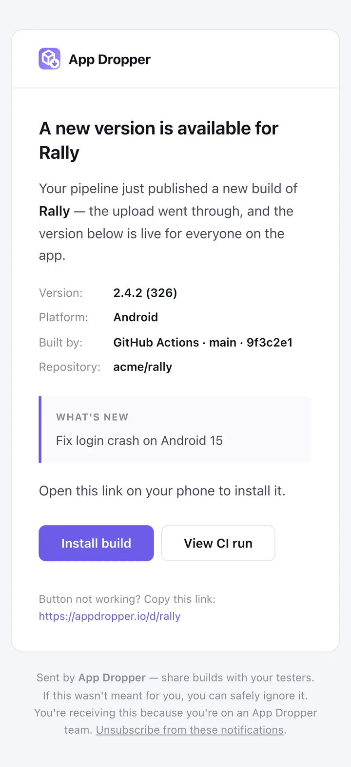 Email titled A new version is available for Rally, listing version 2.4.2 (326), Android, built by GitHub Actions on main, with an Install build button