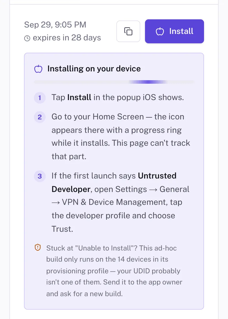 Install steps on an iPhone for Rally 2.4.1 (318), ending with a note that this ad-hoc build only runs on the 14 devices in its provisioning profile