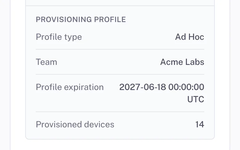 Provisioning profile details read from the IPA: profile type Ad Hoc, team Acme Labs, expiry 2027-06-18, 14 provisioned devices