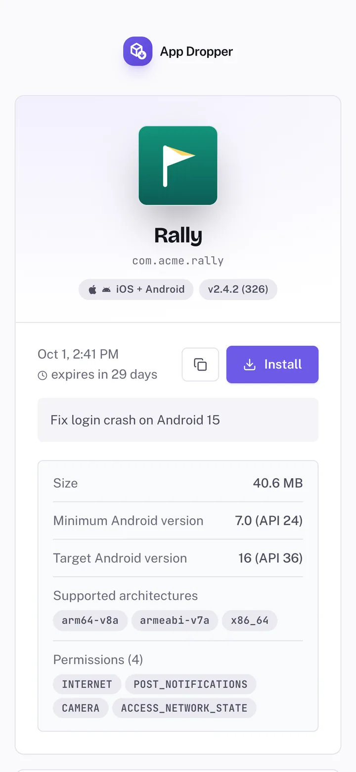 Rally install page on an Android phone: version 2.4.2 (326), the release note Fix login crash on Android 15, and an Install button