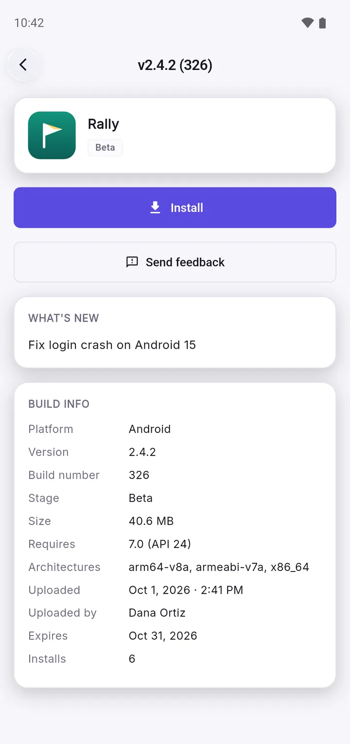 Rally 2.4.2 (326) in the tester app: Install and Send feedback buttons, the note Fix login crash on Android 15, and build info