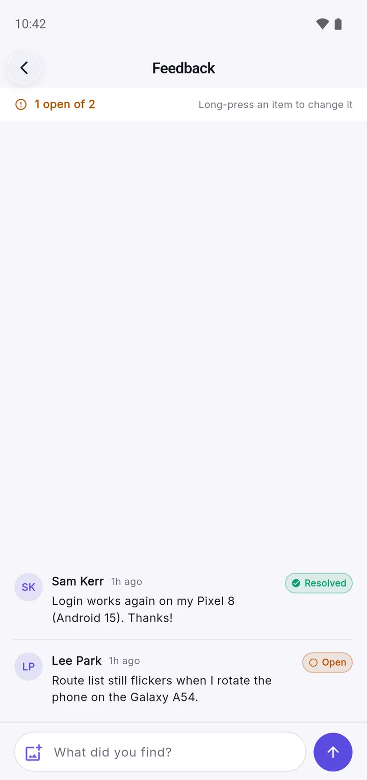Feedback for Rally 2.4.2 in the tester app: one resolved report about login on a Pixel 8 and one open report about a flickering route list