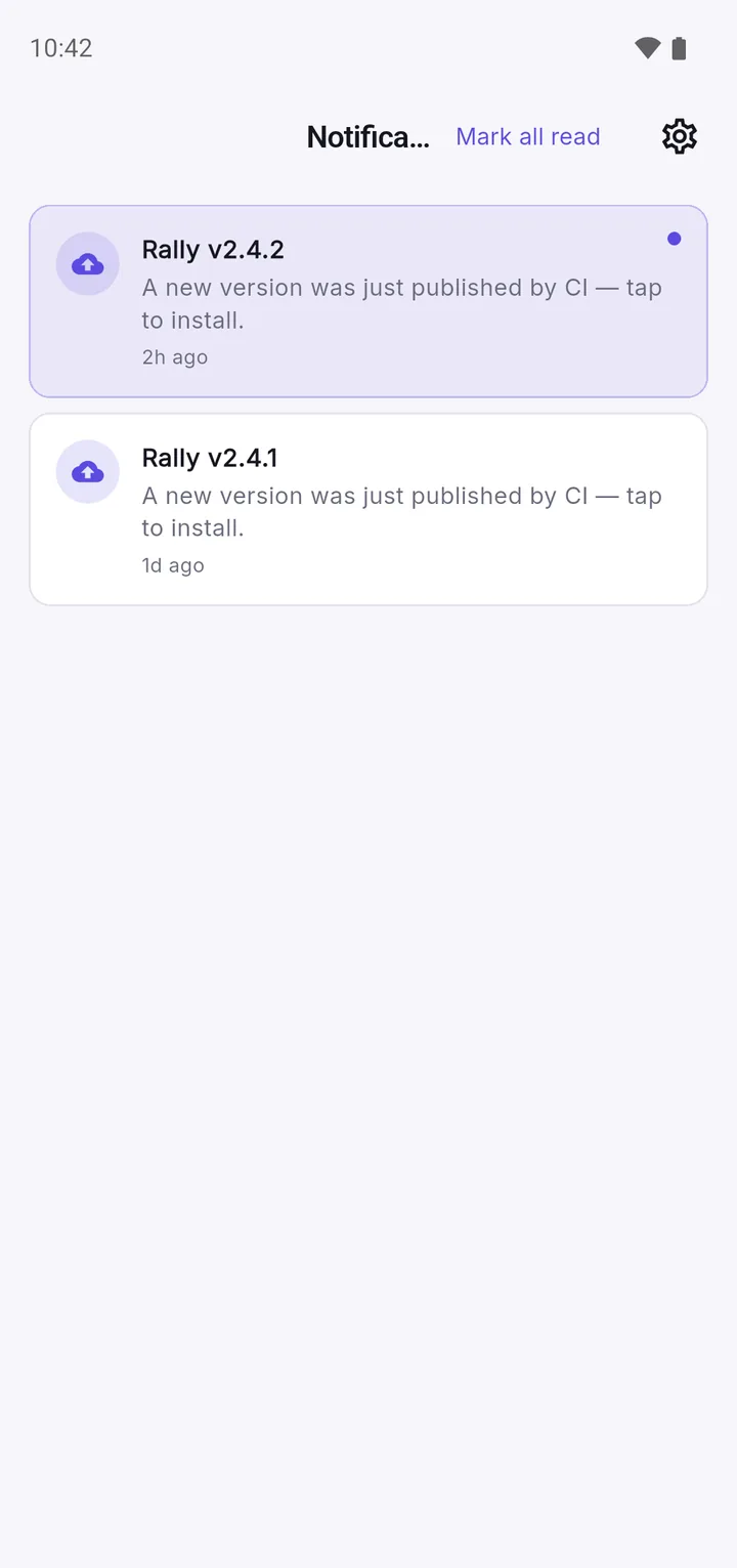 App Dropper tester app notifications: Rally v2.4.2, A new version was just published by CI, tap to install