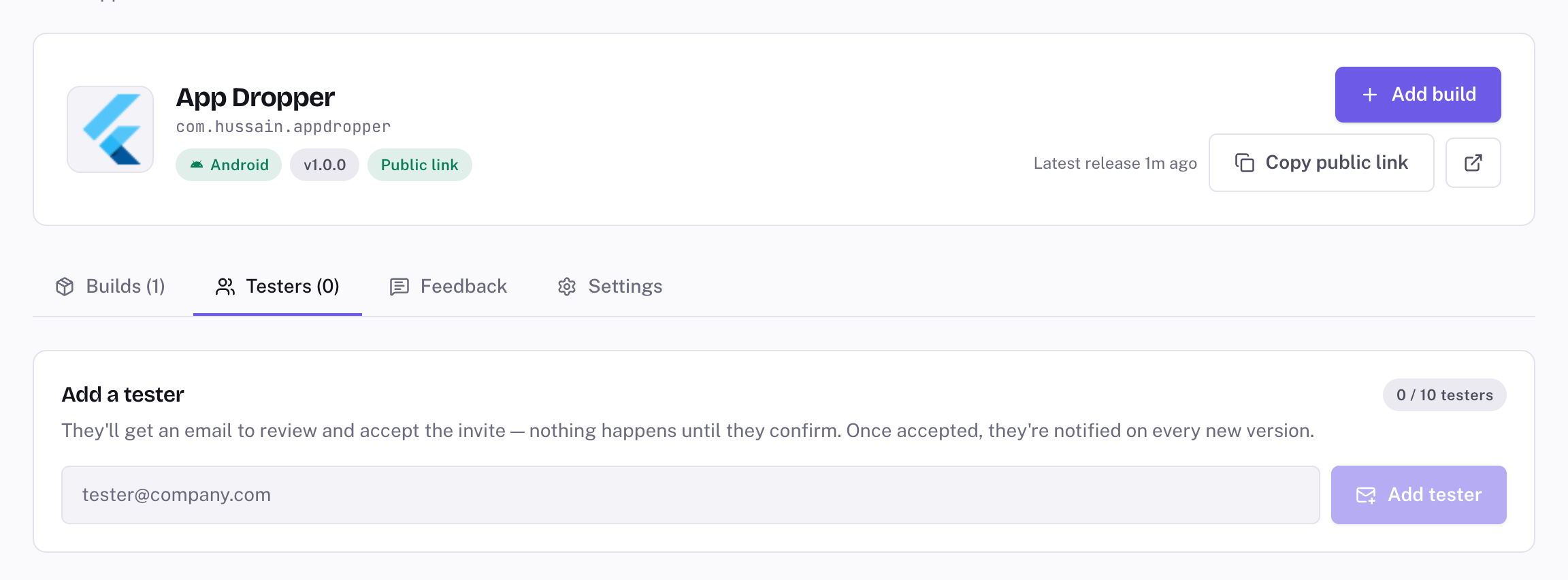 Tester invite modal over the testers list