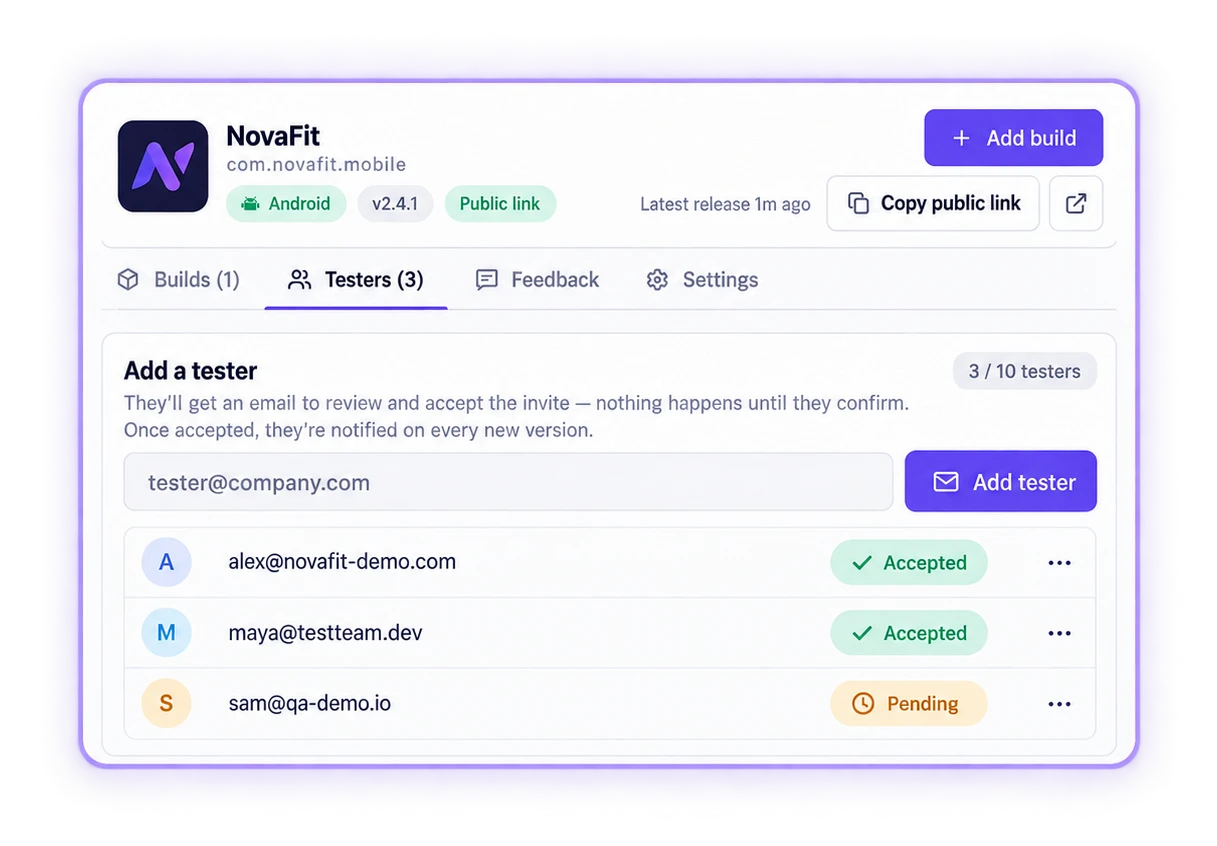 Testers tab with the add-tester form and accepted and pending testers
