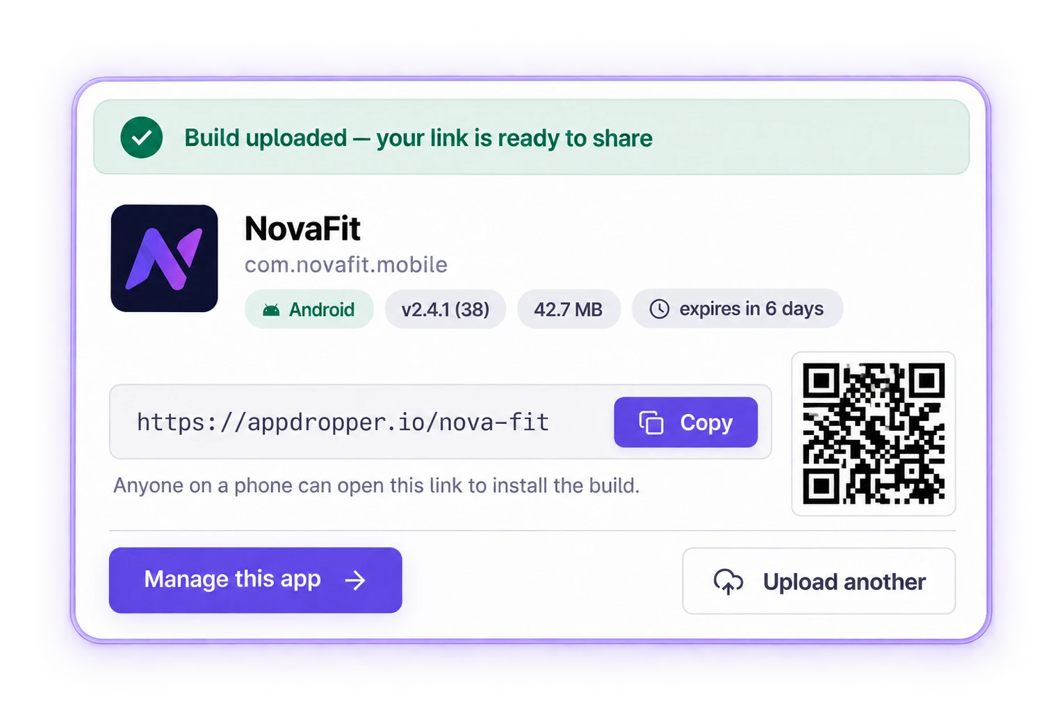 Upload confirmation with the app icon, name, bundle ID, version, size, share link and QR code